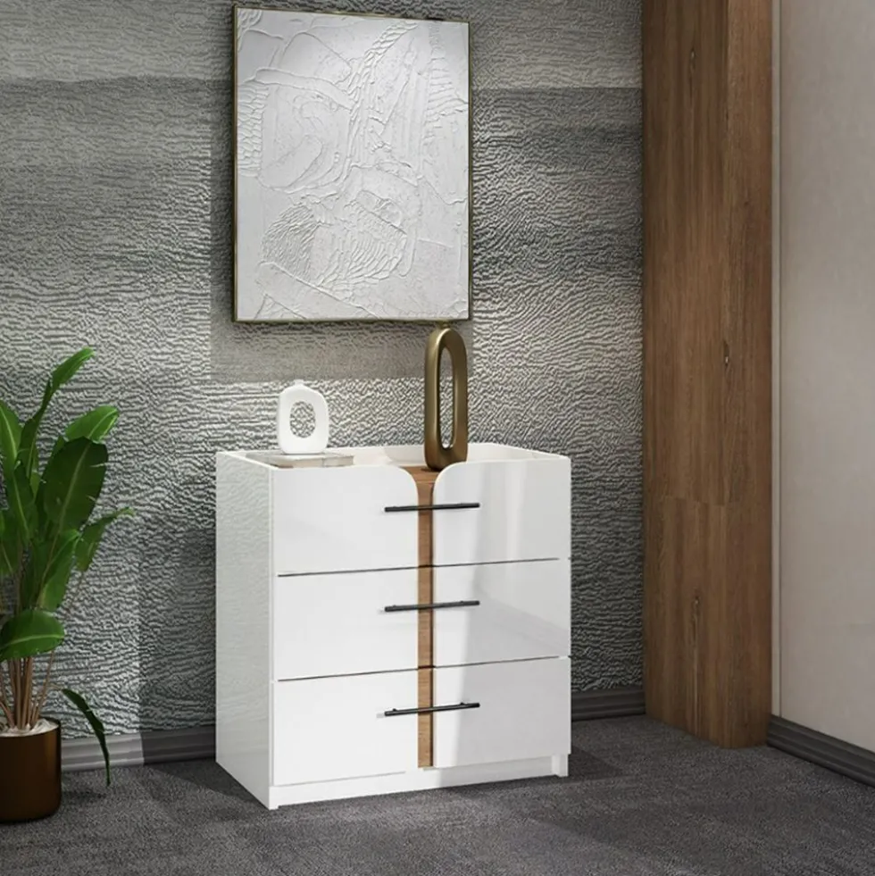 Cassettiera moderna con 3 cassetti 70x73x44,5 cm in bianco lucido e noce CU46
