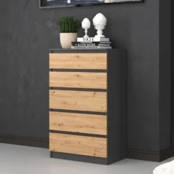 Cassettiera moderna con 5 cassetti 70x40x109 cm rovere e antracite CMMT9