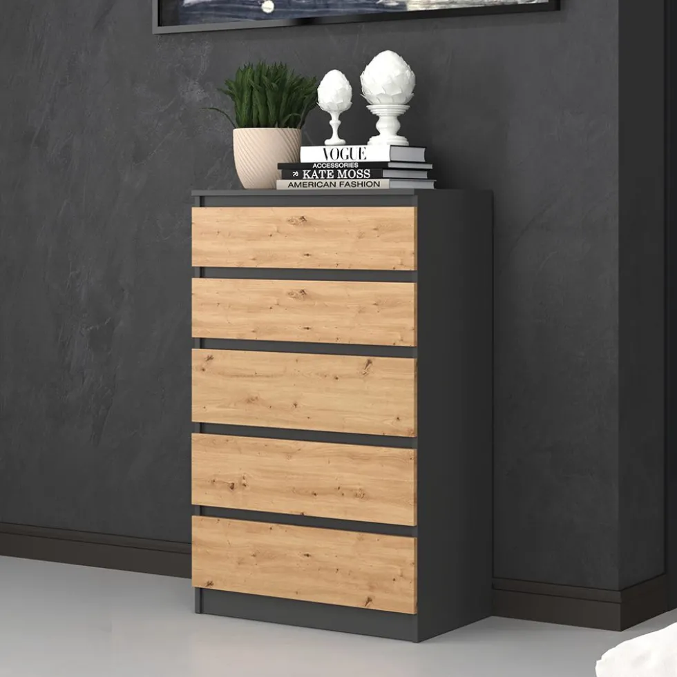 Cassettiera moderna con 5 cassetti 70x40x109 cm rovere e antracite CMMT9