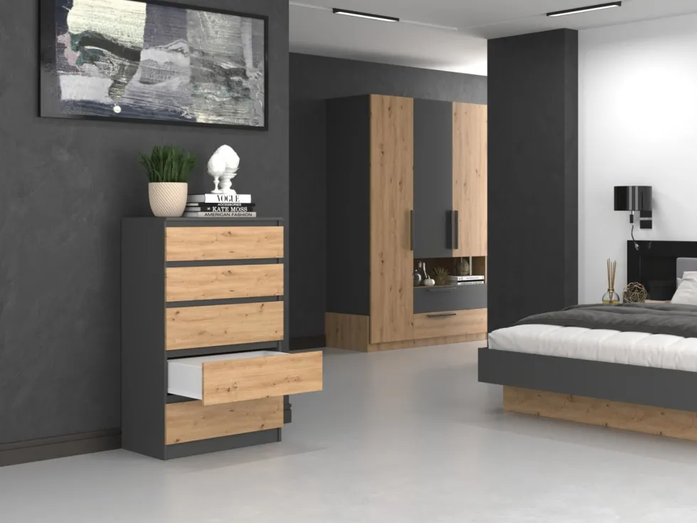 Cassettiera moderna con 5 cassetti 70x40x109 cm rovere e antracite CMMT9