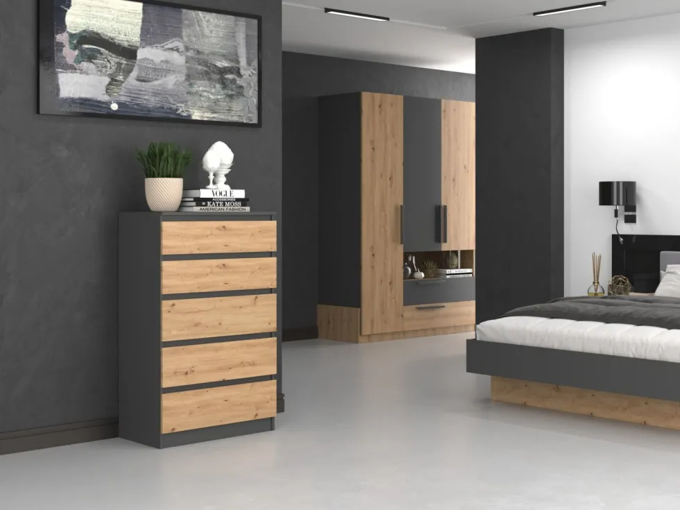 Cassettiera moderna con 5 cassetti 70x40x109 cm rovere e antracite CMMT9