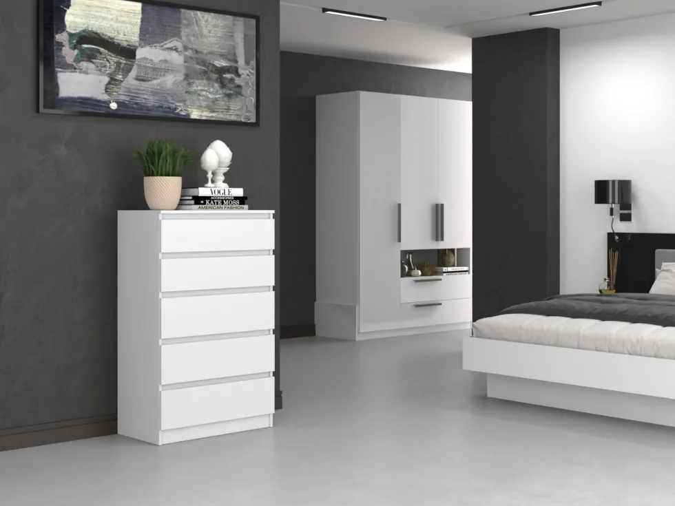 Cassettiera moderna con 5 cassetti 70x40x109 cm bianca CMMT9