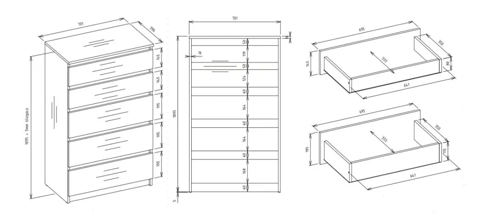 Cassettiera moderna con 5 cassetti 70x40x109 cm nera CMMT9