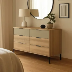 Cassettiera moderna con 6 cassetti e maniglie in metallo in rovere e grigio pietra CLK11