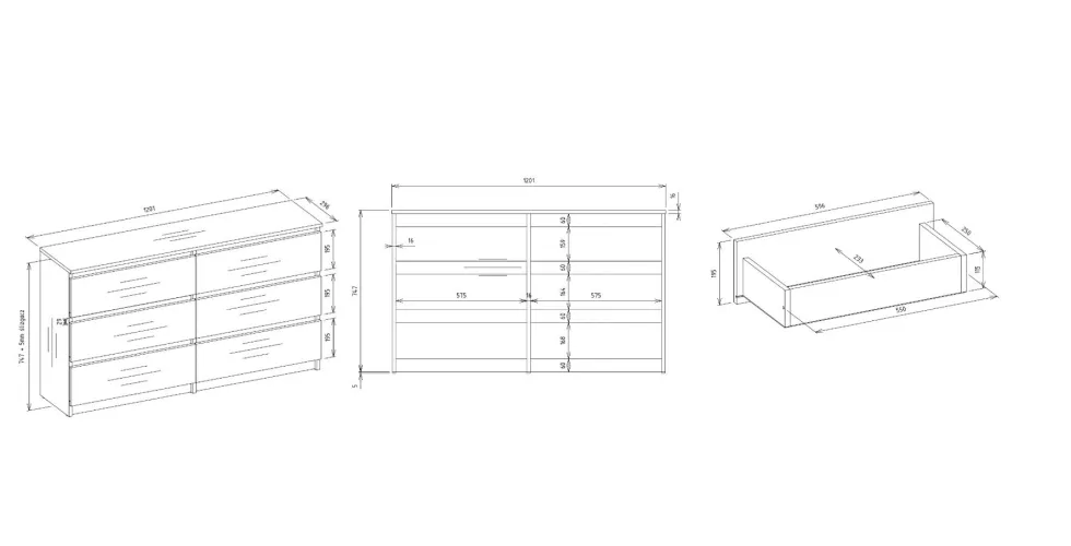 Cassettiera per camera da letto con 6 cassetti 120x30x75 cm bianca CMMT10