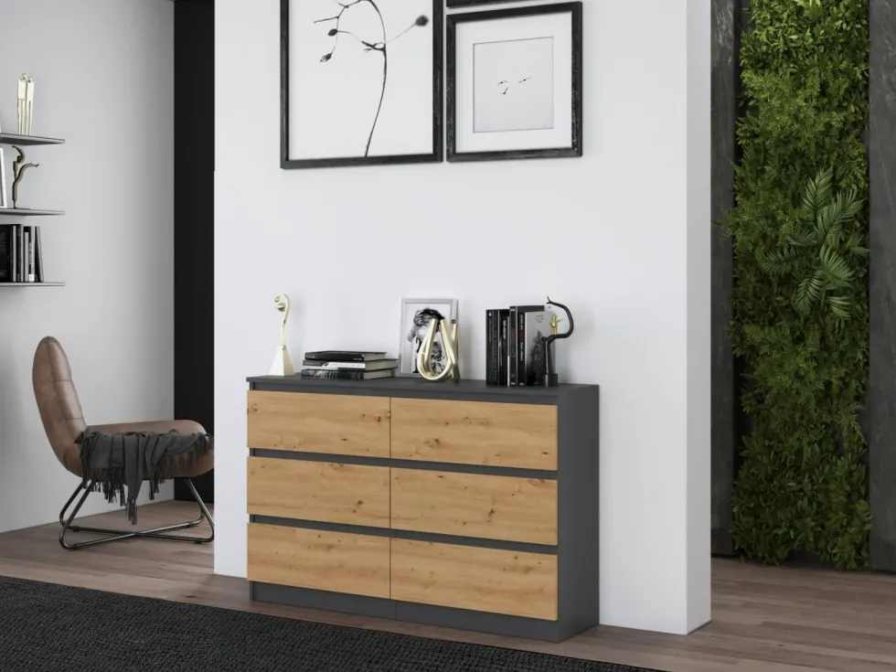 Cassettiera per camera da letto con 6 cassetti 120x30x75 cm rovere e antracite CMMT10