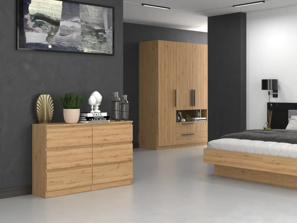 Cassettiera per camera da letto con 6 cassetti 120x30x75 cm rovere CMMT10