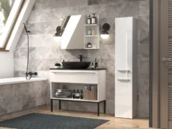 Colonna bagno salvaspazio 31x174 con cesto portabiancheria bianco lucido CBT5