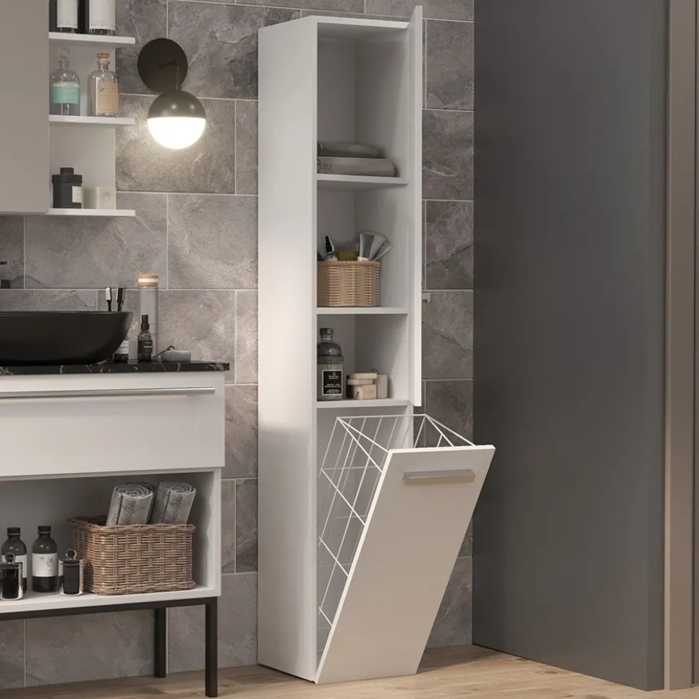 Colonna bagno salvaspazio 31x174 con cesto portabiancheria bianco lucido CBT5