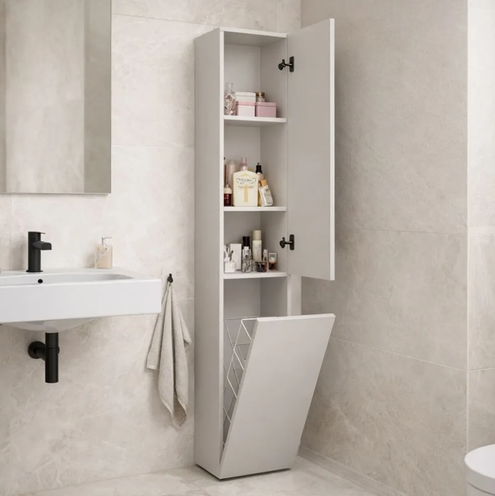Colonna bagno salvaspazio 31x174 con cesto portabiancheria beige cashmere CBT5