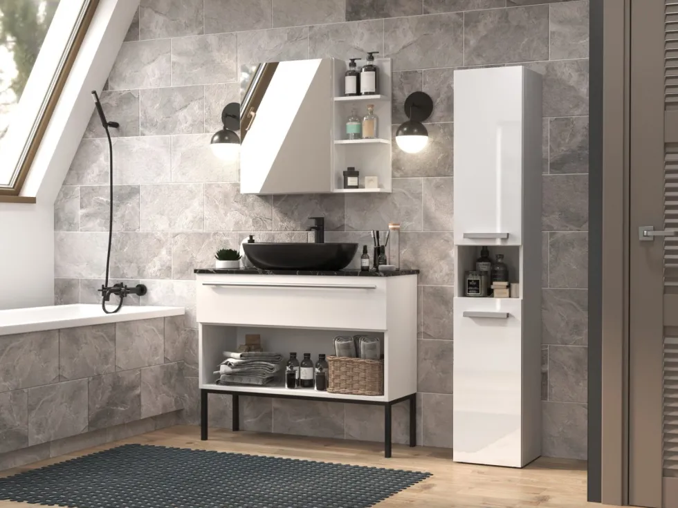 Colonna bagno salvaspazio 31x174 con cesto portabiancheria bianco lucido CBT4