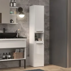 Colonna bagno salvaspazio 31x174 con cesto portabiancheria bianco lucido CBT4