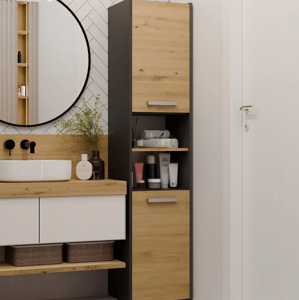 Colonna bagno salvaspazio 40x170 cm con vani a giorno rovere e antracite CBT8