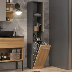 Colonna bagno salvaspazio 31x174 con cesto portabiancheria rovere e antracite CBT4