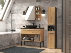 Colonna bagno salvaspazio 31x174 con cesto portabiancheria rovere e antracite CBT4