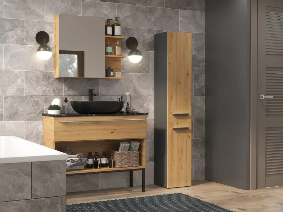 Colonna bagno salvaspazio 31x174 con cesto portabiancheria rovere e antracite CBT5