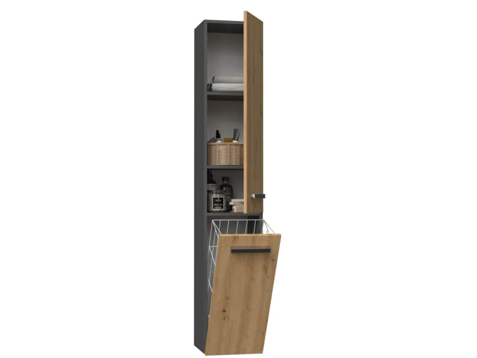 Colonna bagno salvaspazio 31x174 con cesto portabiancheria rovere e antracite CBT5