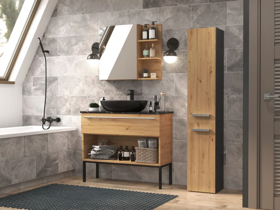 Colonna bagno salvaspazio 31x174 con cesto portabiancheria rovere e antracite CBT5
