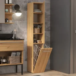 Colonna bagno salvaspazio 31x174 con cesto portabiancheria rovere CBT5