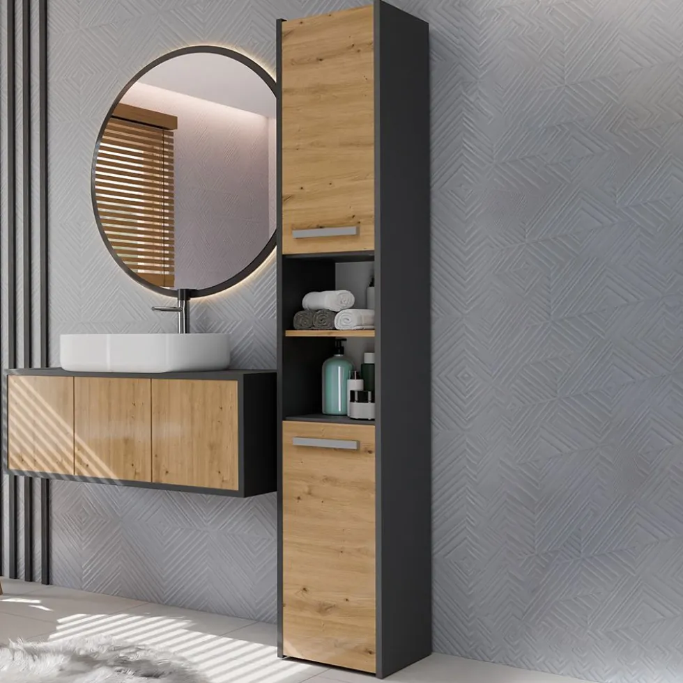 Colonna bagno salvaspazio 30x170 cm con ante e mensola rovere e antracite CBT6