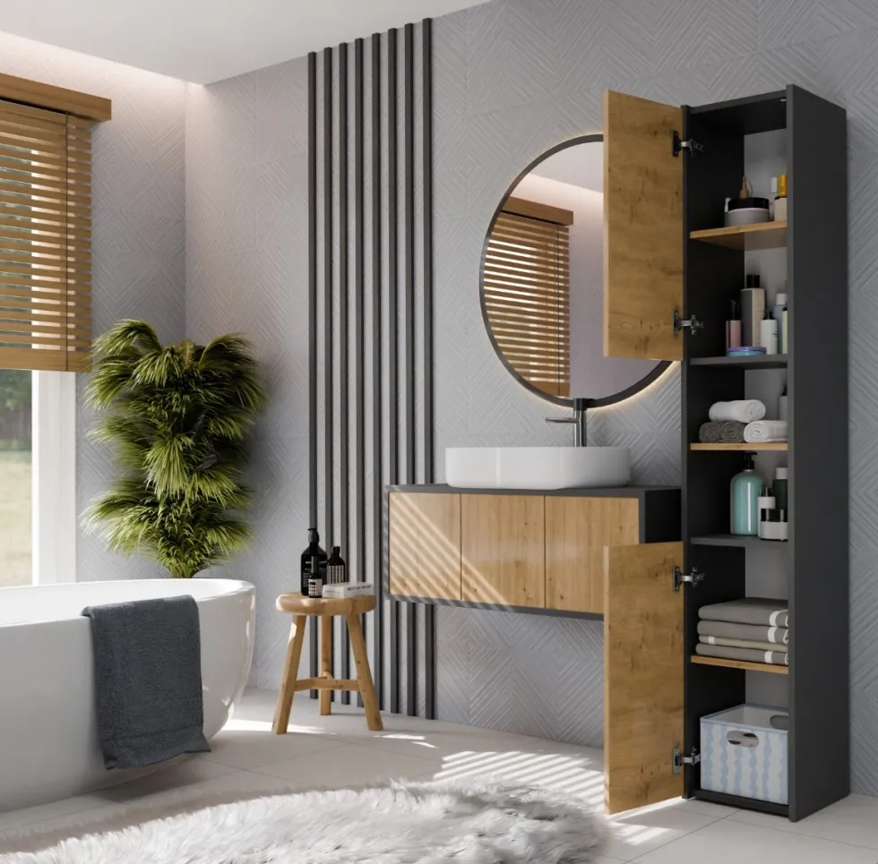 Colonna bagno salvaspazio 30x170 cm con ante e mensola rovere e antracite CBT6