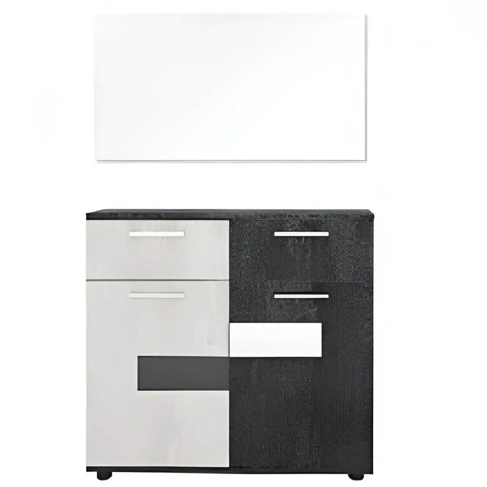Comò moderno bicolore con 2 cassetti e 2 ante bianco e nero ruvido CG24