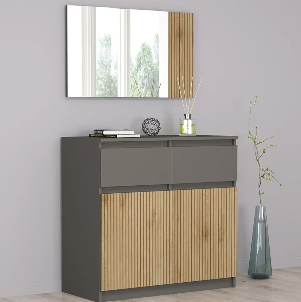 Comò moderno con ante e cassetti 90x86x43 cm in rovere cannettato e grafite CG44