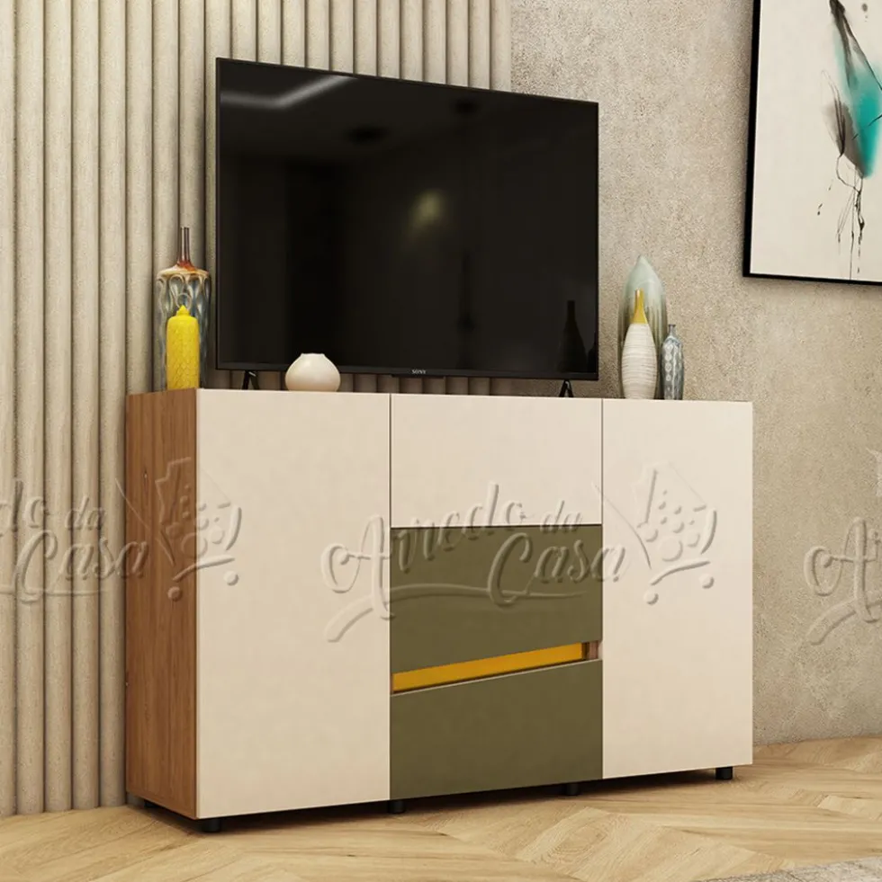 Comò moderno con dettagli dorati 130x85x43 cm in noce, beige, verde oliva CU45