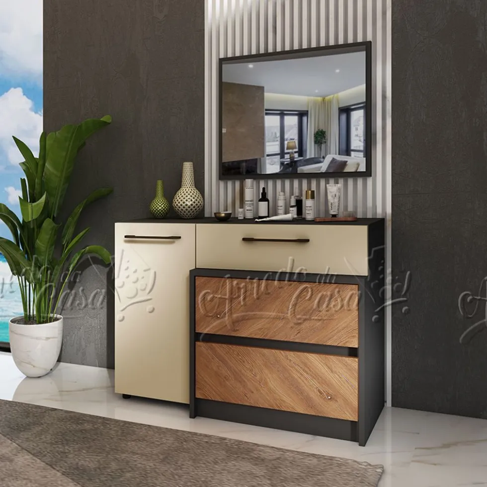 Comò moderno con specchio 165x75 cm beige, noce e nero CU43