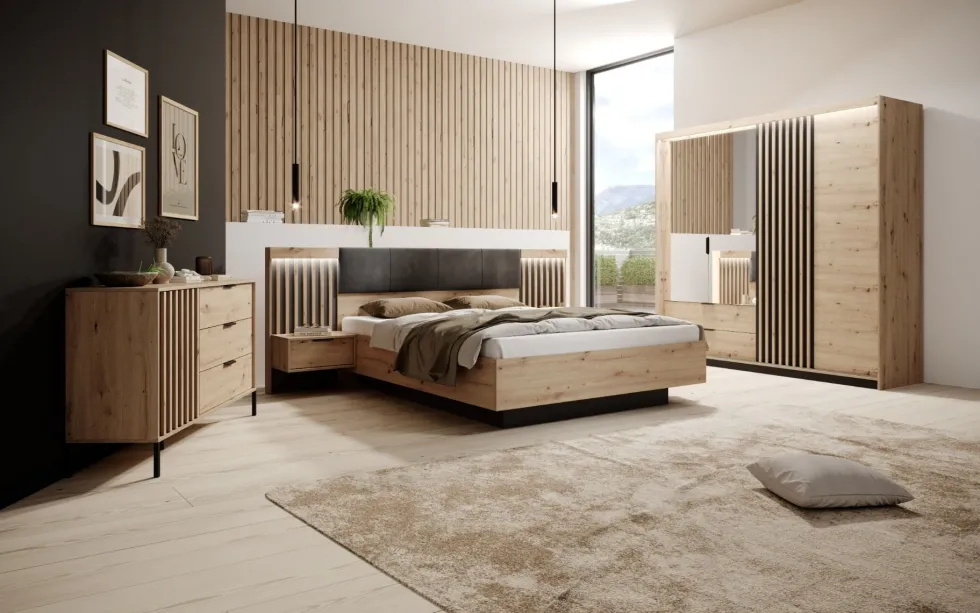 Comò moderno 137x81cm rovere naturale con dettagli neri CLK7
