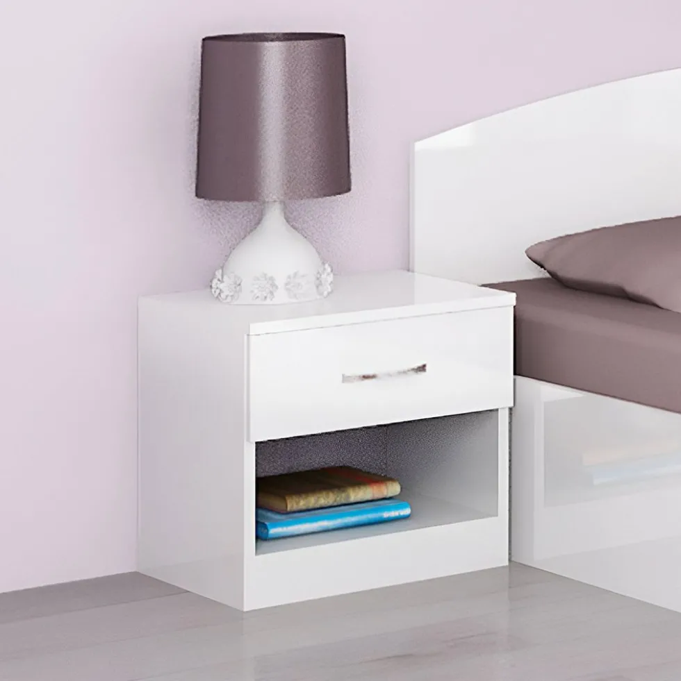 Comodino moderno con cassetto e vano a giorno 40x40 cm in bianco lucido CGA1