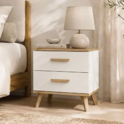 Comodino moderno 45x47 cm con 2 cassetti bianco e rovere COT9