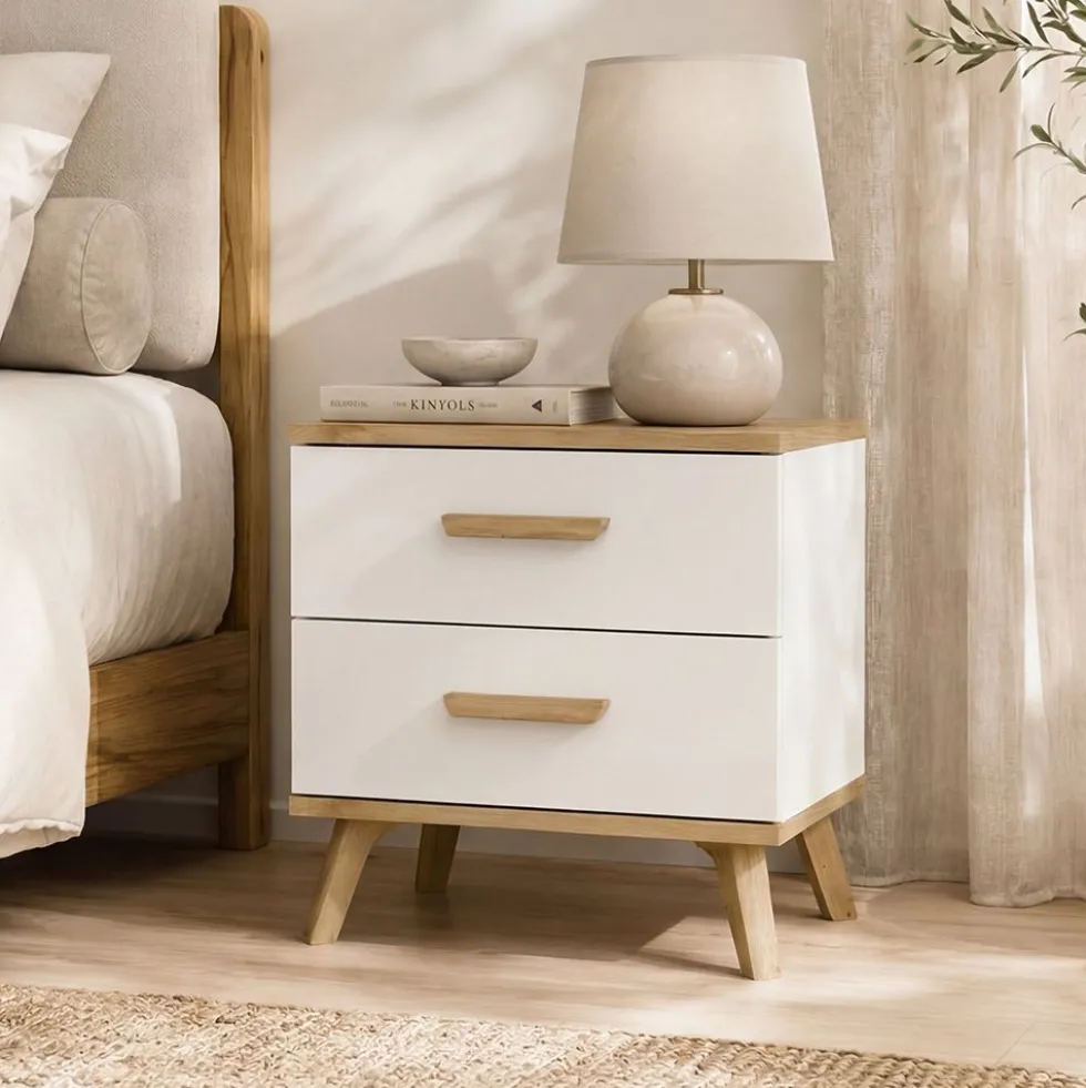 Comodino moderno 45x47 cm con 2 cassetti bianco e rovere COT9
