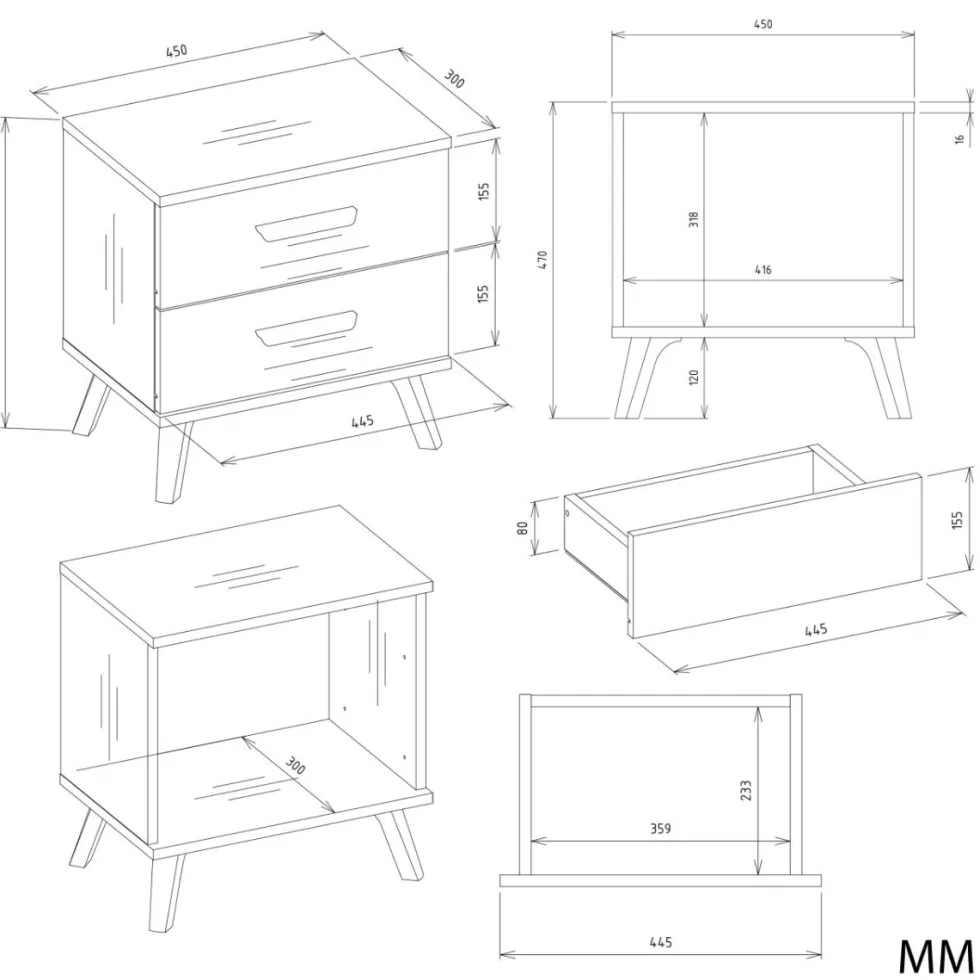 Comodino moderno 45x47 cm con 2 cassetti bianco e rovere COT9