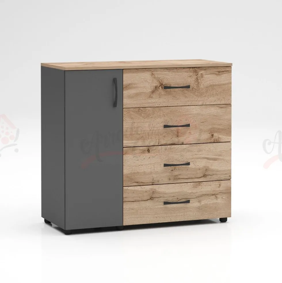 Comò per camera da letto con anta e cassetti rovere e antracite CG42