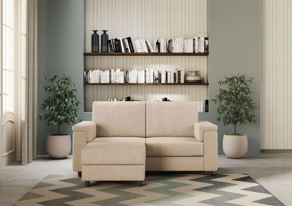 Divano 168x85cm design a due posti con bracciolo squadrato e pouf stoffa idrorepellente beige DI5