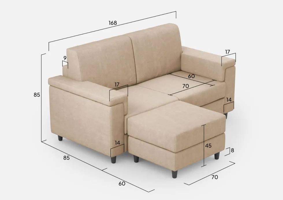 Divano 168x85cm design a due posti con bracciolo squadrato e pouf stoffa idrorepellente beige DI5