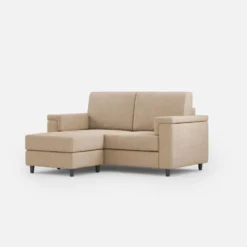 Divano 168x85cm design a due posti con bracciolo squadrato e pouf stoffa idrorepellente beige DI5