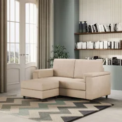 Divano 168x85cm design a due posti con bracciolo squadrato e pouf stoffa idrorepellente beige DI5