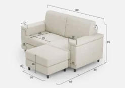 Divano 168x85cm design a due posti con bracciolo squadrato e pouf stoffa idrorepellente bianco latte DI5