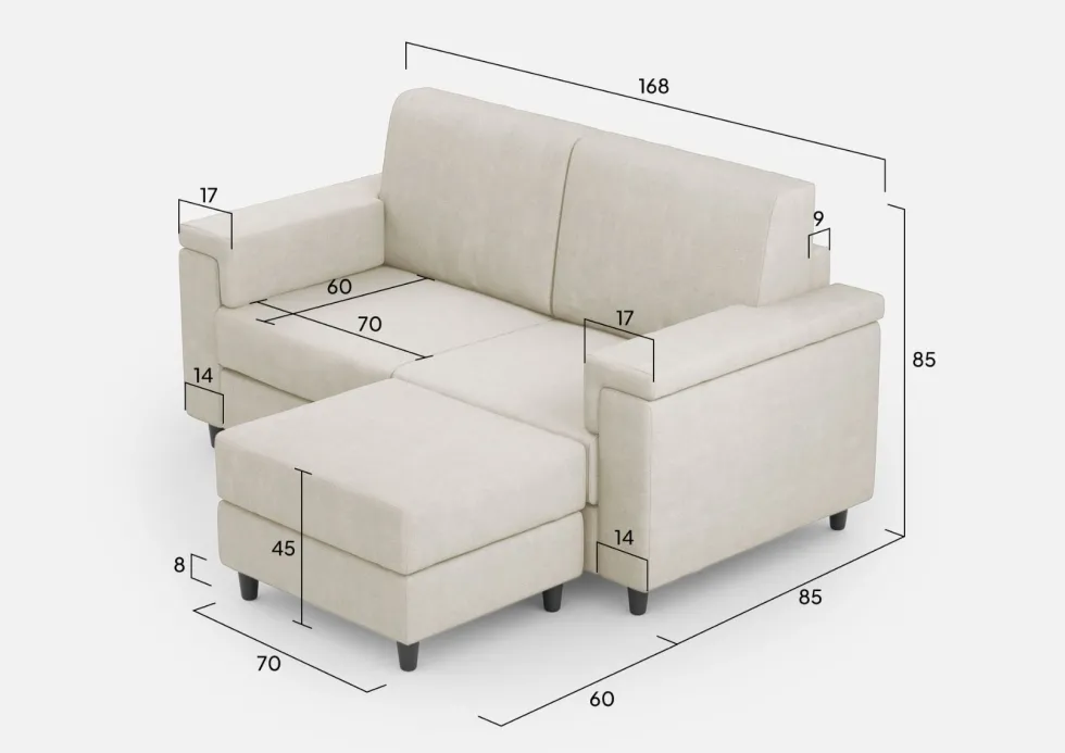 Divano 168x85cm design a due posti con bracciolo squadrato e pouf stoffa idrorepellente bianco latte DI5