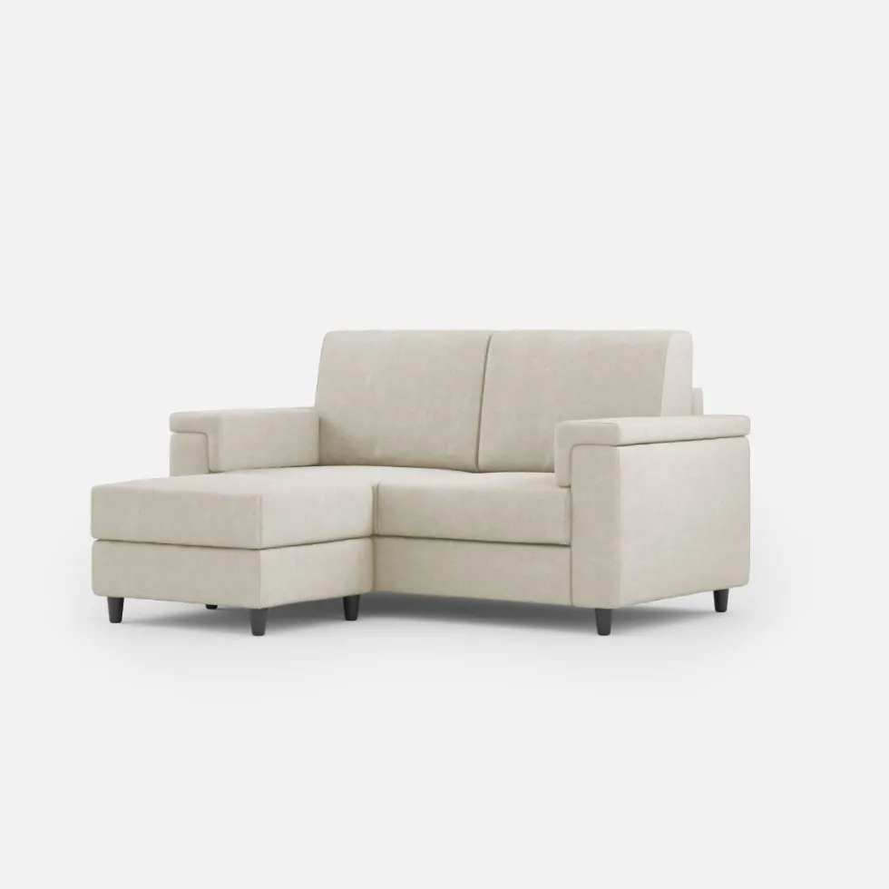 Divano 168x85cm design a due posti con bracciolo squadrato e pouf stoffa idrorepellente bianco latte DI5