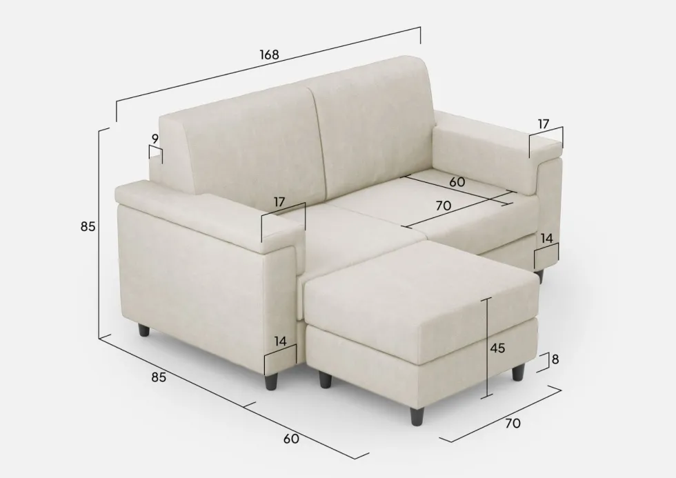 Divano 168x85cm design a due posti con bracciolo squadrato e pouf stoffa idrorepellente bianco latte DI5