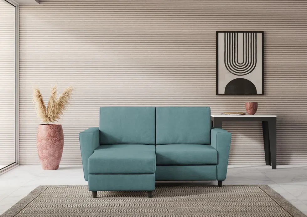 Divano 172x85cm design a due posti con piedini in legno e pouf idrorepellente blu petrolio DI38