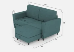Divano 172x85cm design a due posti con piedini in legno e pouf idrorepellente blu petrolio DI38
