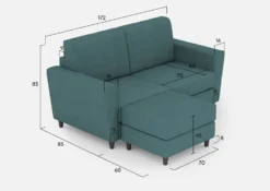 Divano 172x85cm design a due posti con piedini in legno e pouf idrorepellente blu petrolio DI38
