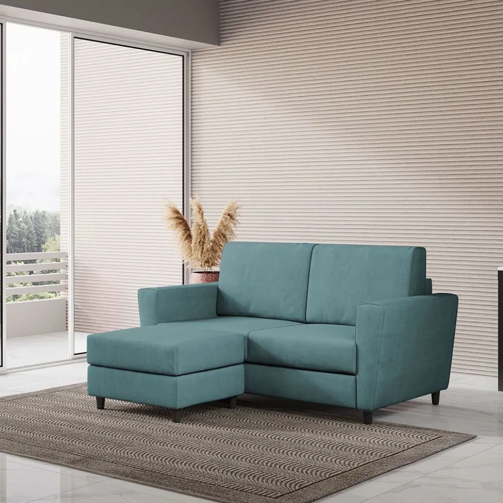 Divano 172x85cm design a due posti con piedini in legno e pouf idrorepellente blu petrolio DI38