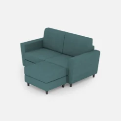 Divano 172x85cm design a due posti con piedini in legno e pouf idrorepellente blu petrolio DI38