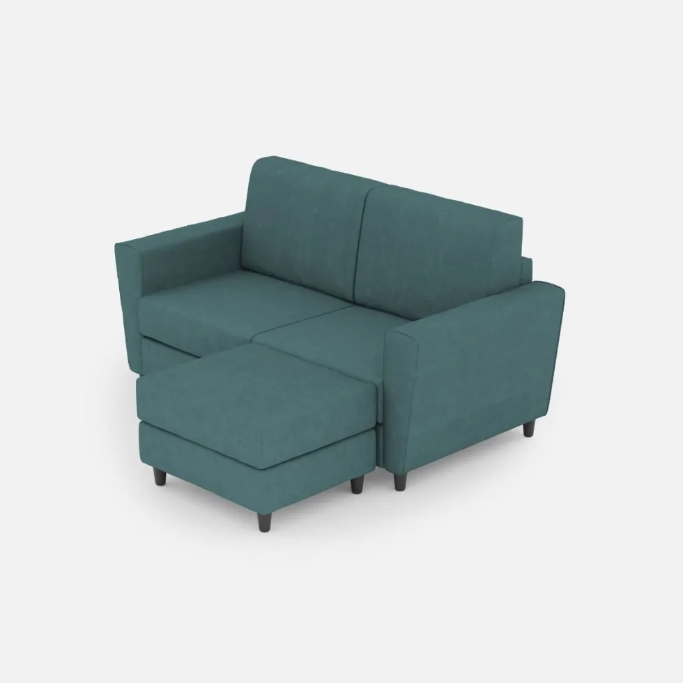 Divano 172x85cm design a due posti con piedini in legno e pouf idrorepellente blu petrolio DI38