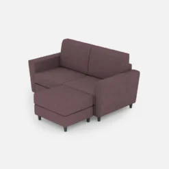 Divano 172x85cm design a due posti con piedini in legno e pouf idrorepellente prugna DI38